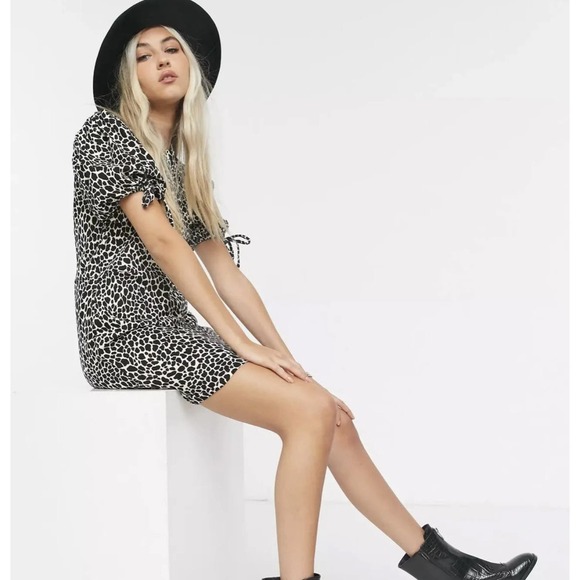 NWT TopShop animal print‎ tie puff sleeve Mini Tea Dress Size 10 - Picture 2 of 12